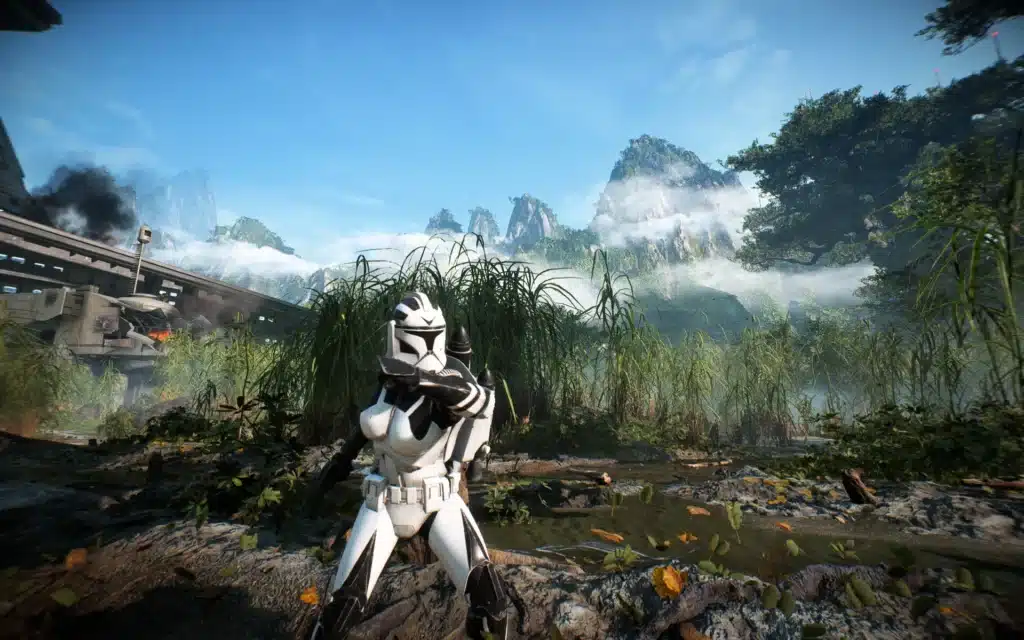 Female clone trooper in white armor posing in Star Wars Battlefront II (2017) mod screenshot