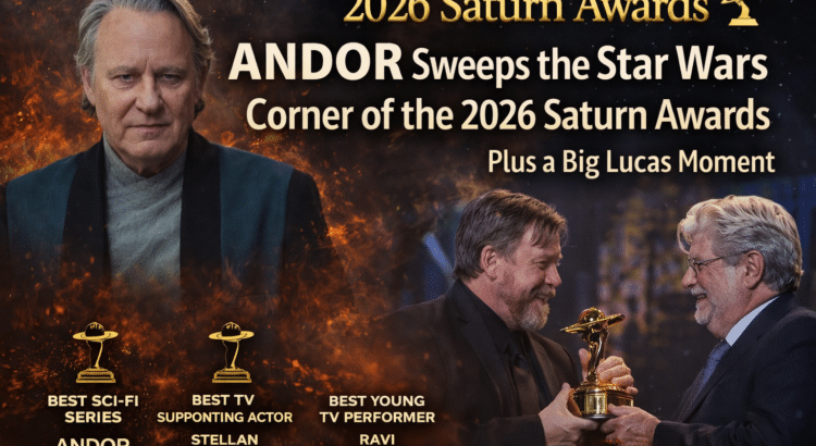 2026 Saturn Awards graphic highlighting Andor wins, Stellan Skarsgård as Luthen, and Mark Hamill presenting an award to George Lucas