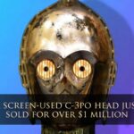 Close-up image of a screen-used C-3PO head with headline text about the prop selling for over 1 million dollars at auction