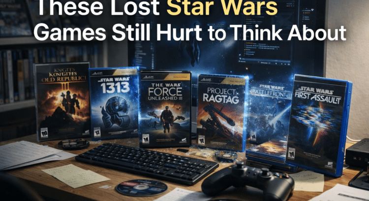Header image showing cancelled Star Wars game titles on a desk with a gaming setup and disappearing box art