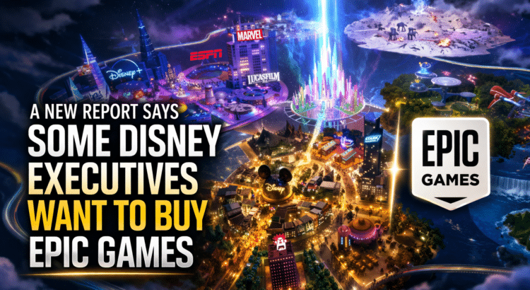 Editorial header image showing a Disney and Epic Games themed virtual world with headline text about Disney executives wanting to buy Epic Games