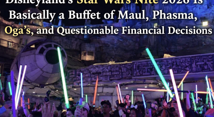 Disneyland Star Wars Nite 2026 header image showing fans with lightsabers in Galaxy’s Edge