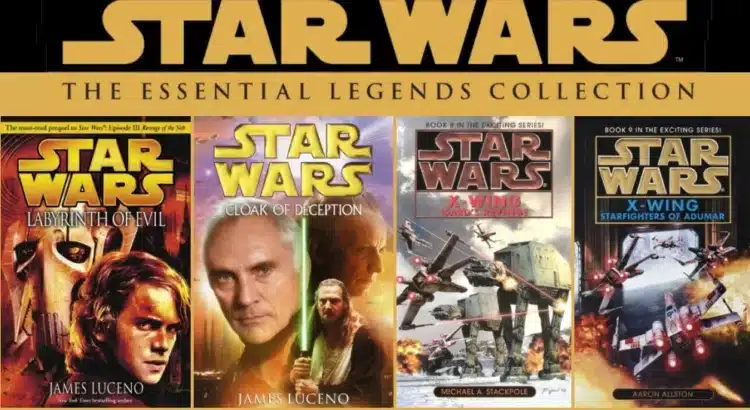 Header image showing four Star Wars Essential Legends Collection books coming in 2026 including Labyrinth of Evil, Cloak of Deception, Isard’s Revenge, and Starfighters of Adumar