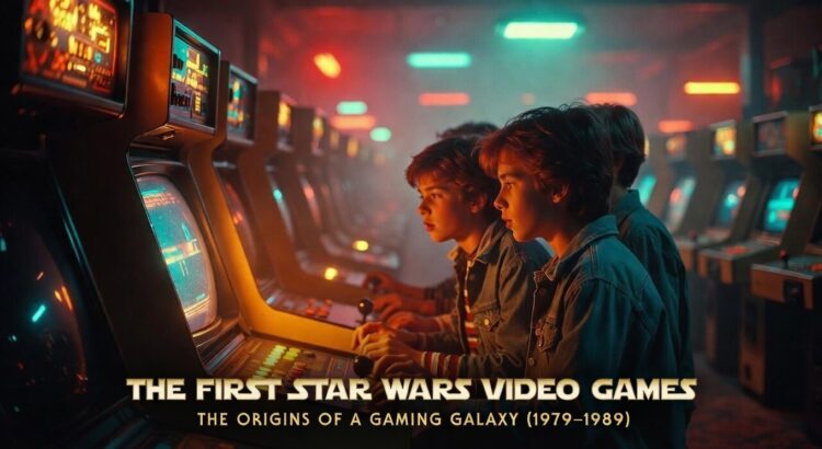 Early 1980s teenagers playing a Star Wars arcade machine during the first era of Star Wars video games from 1979 to 1989