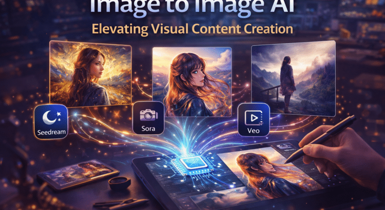 Illustration showing image-to-image AI transforming a base image into multiple visual styles and video-ready content