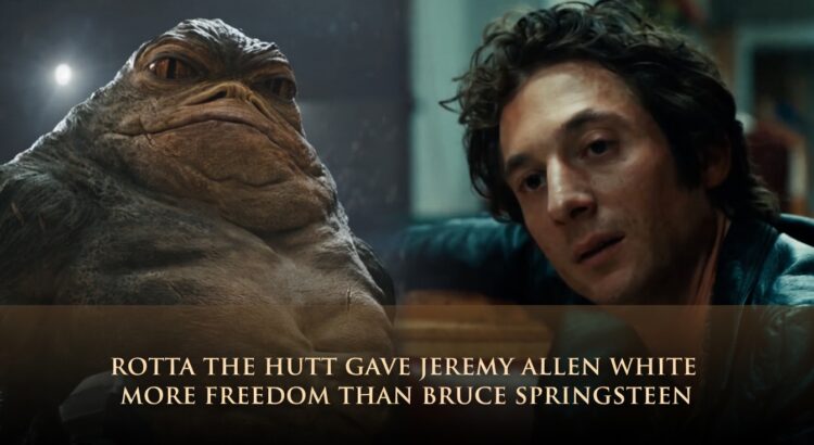 Split header image showing Rotta the Hutt beside Jeremy Allen White with headline text about the actor comparing the role to playing Bruce Springsteen