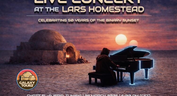 Live concert at the Lars Homestead in Tunisia celebrating 50 years of the Star Wars Binary Sunset scene