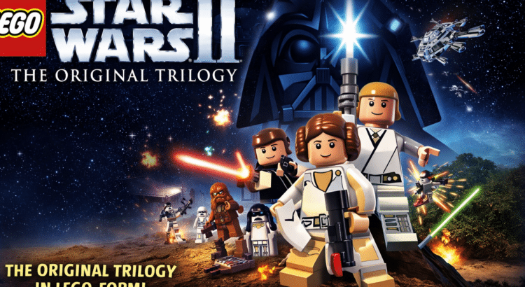 LEGO Star Wars II The Original Trilogy 2006 header image featuring LEGO Luke Skywalker, Princess Leia, Han Solo, Darth Vader, and original trilogy battle scenes