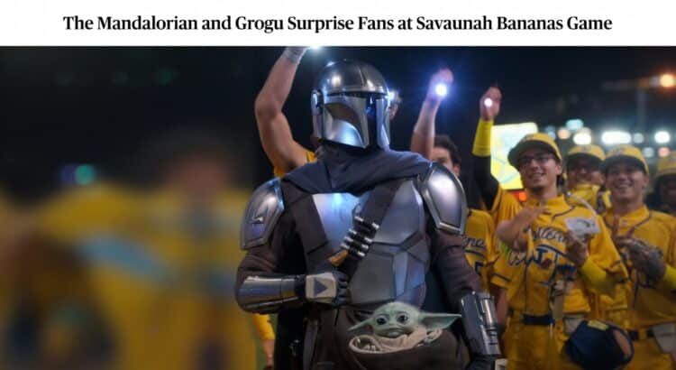 The Mandalorian and Grogu at a Savannah Bananas baseball game with fans in yellow uniforms behind them