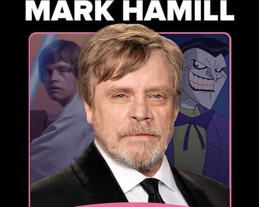 Mark Hamill promotional image for FAN EXPO Anaheim featuring Luke Skywalker and the Joker in the background