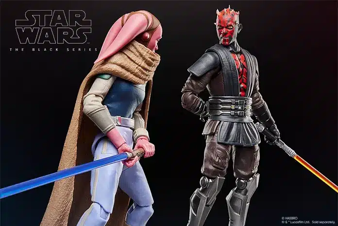 Black Series promotional banner showing Devon Izara facing Maul Shadow Lord with ignited lightsabers