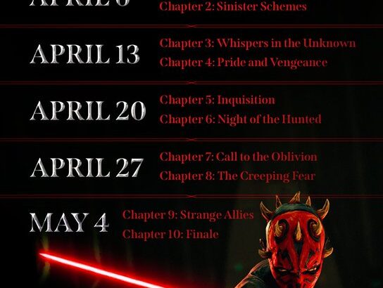 Release calendar for Star Wars Maul Shadow Lord showing episode dates from April 6 to May 4 on Disney Plus