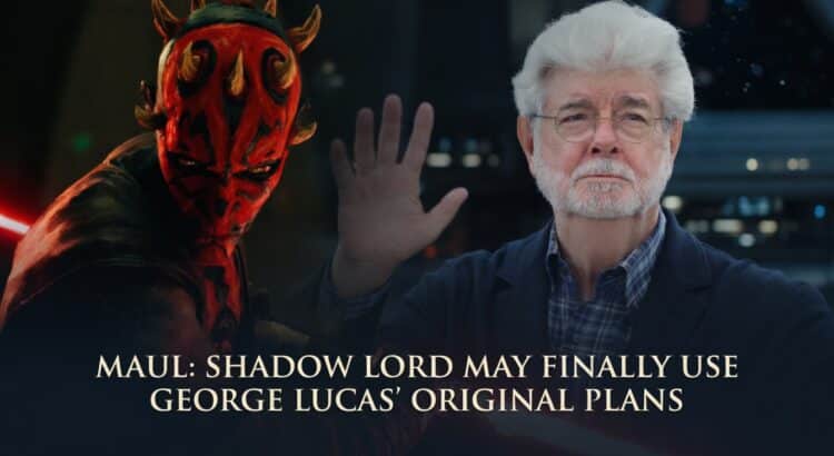 Split-style Star Wars header image featuring Darth Maul and George Lucas with headline text about Maul: Shadow Lord using Lucas’ original ideas