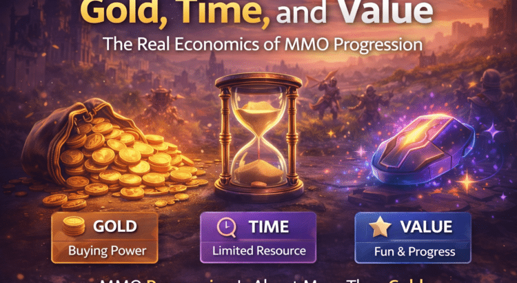 Illustration showing MMO progression concept with gold coins, an hourglass for time, and a glowing item representing value in online games