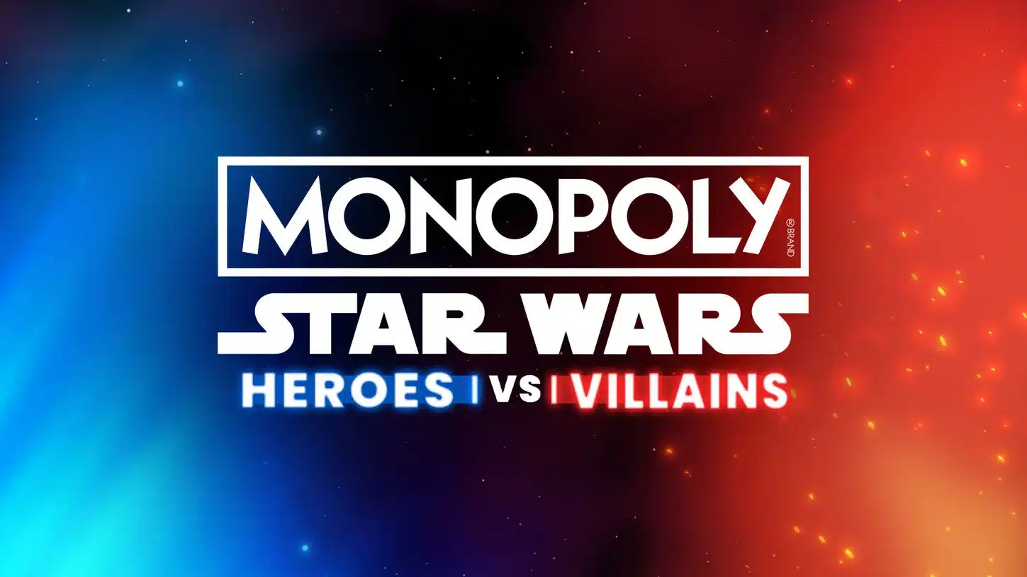Monopoly Star Wars Heroes vs Villains logo on a blue and red space background