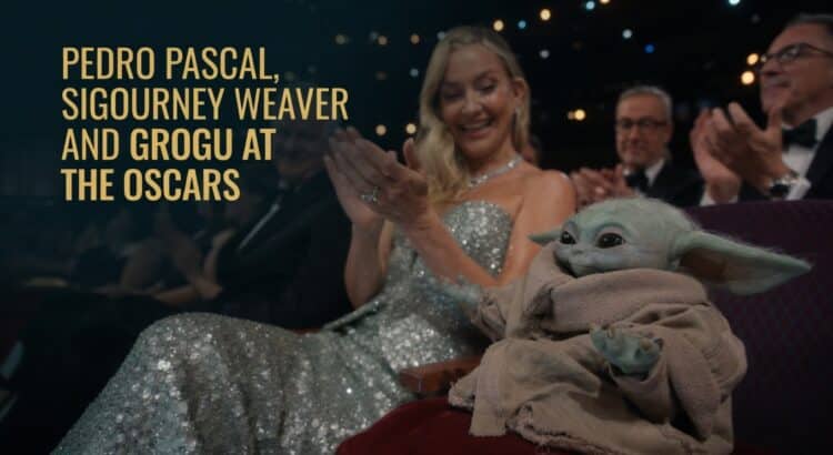 Grogu sits at the Oscars beside Sigourney Weaver in a header image about Pedro Pascal, Sigourney Weaver and Grogu at the Oscars