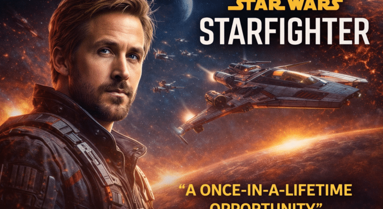 Ryan Gosling in Star Wars Starfighter promotional image with starfighters in space
