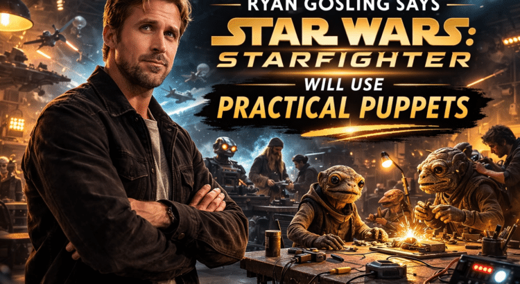 Ryan Gosling featured in a Star Wars: Starfighter article image with headline text about practical puppets