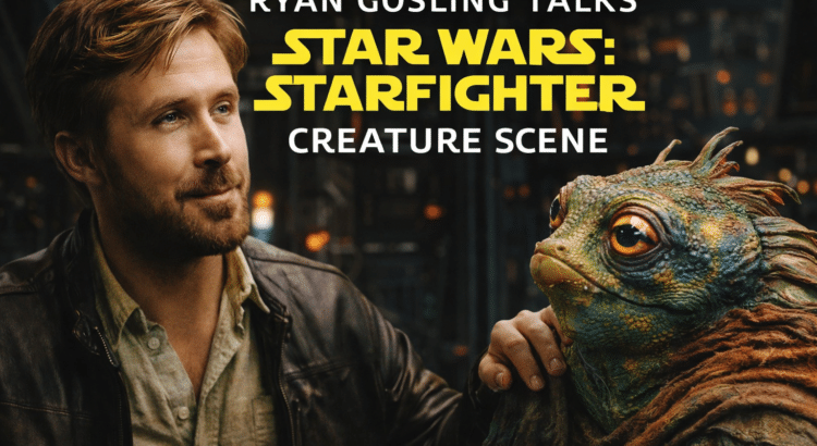Ryan Gosling with an alien creature in a Star Wars: Starfighter article header about his favorite creature scene