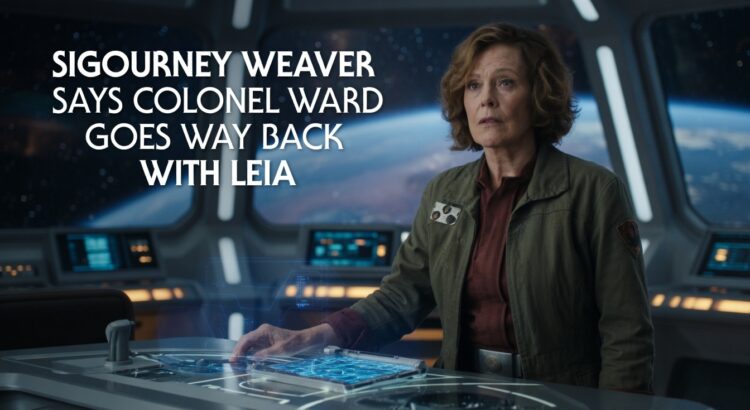 Header image featuring Sigourney Weaver as Colonel Ward with text about her history with Leia in The Mandalorian and Grogu