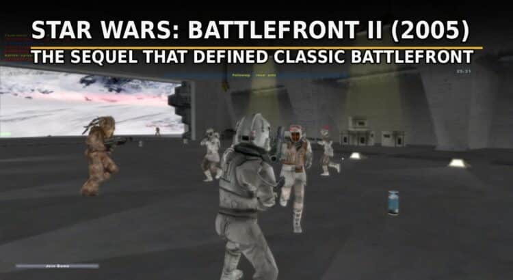 Star Wars Battlefront II 2005 header image showing snowtroopers and Rebel soldiers fighting inside a Hoth base with title overlay