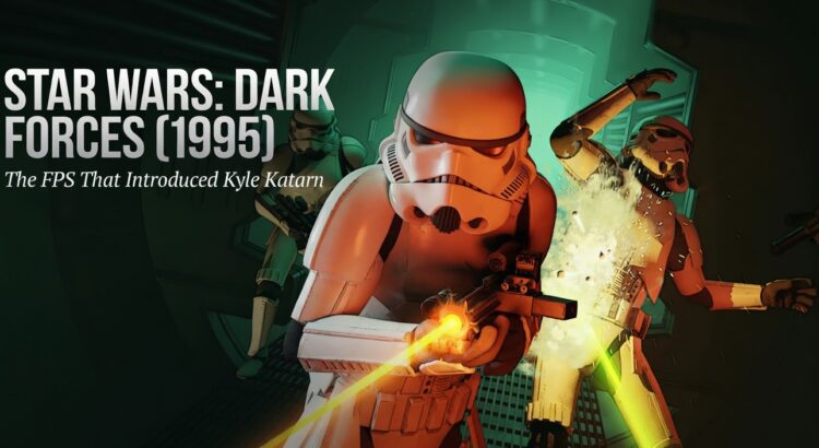 Star Wars Dark Forces 1995 header image featuring stormtroopers in combat with article title text about Kyle Katarn
