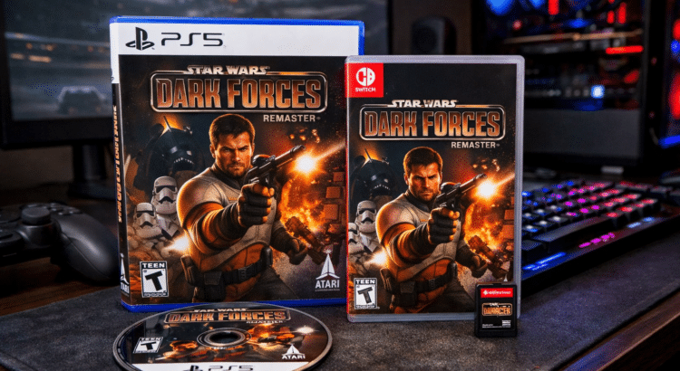 Physical copies of Star Wars Dark Forces Remaster for PS5 and Nintendo Switch on a gaming desk