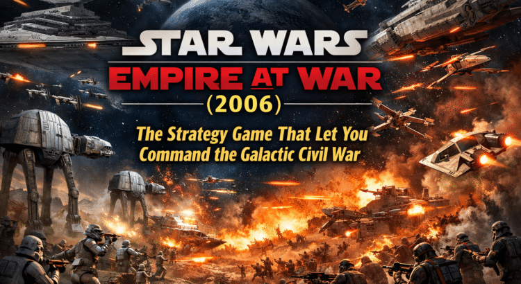 Star Wars Empire at War 2006 header image showing Imperial and Rebel fleets, AT-AT walkers, starfighters, and a large-scale Galactic Civil War battle