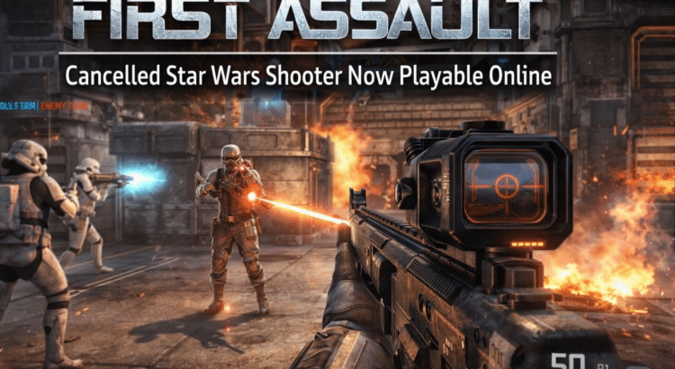 Header image for Star Wars First Assault showing a sci-fi shooter firefight with the text “Cancelled Star Wars Shooter Now Playable Online”