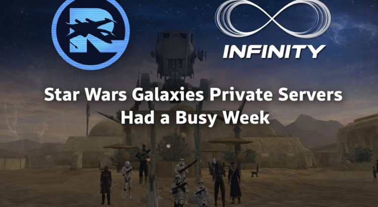 Header image for a Star Wars Galaxies article featuring SWG Restoration and SWG Infinity logos over a desert in-game scene