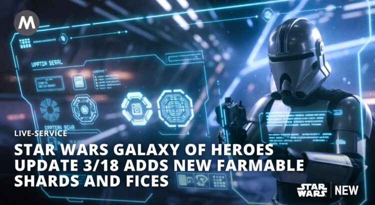 Star Wars Galaxy of Heroes inspired update header image with a clone trooper, holographic interface, and text about the March 18 update