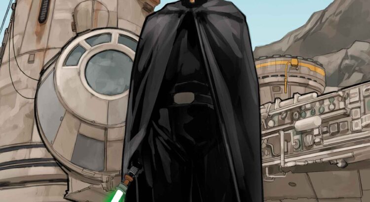 Luke Skywalker holding a green lightsaber in front of Batuu-style structures on a Star Wars: Galaxy’s Edge comic cover