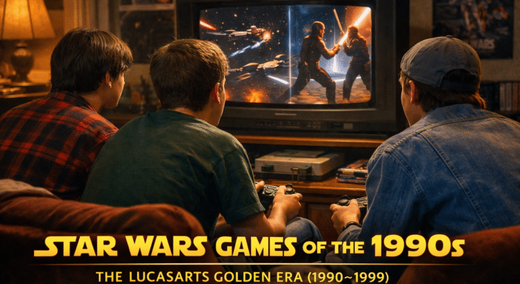 Teenagers playing a 1990s Star Wars console game on a CRT television during the LucasArts golden era