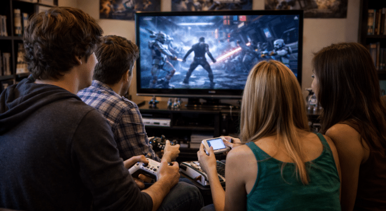 Young adults playing Star Wars video games on a flat screen TV during the LucasArts era between 2006 and 2012