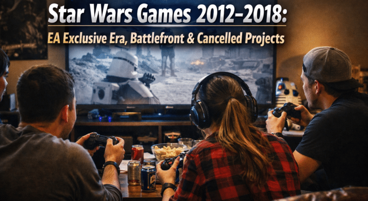 Adults playing Star Wars Battlefront on console in 2016 during the EA exclusive era of Star Wars games (2012–2018)
