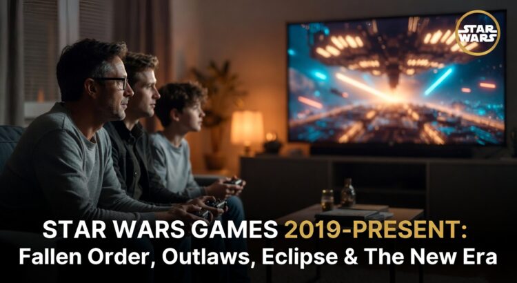 Adults and teenager playing a Star Wars sci-fi console game in a modern living room representing the Star Wars games 2019–present multi-publisher era.