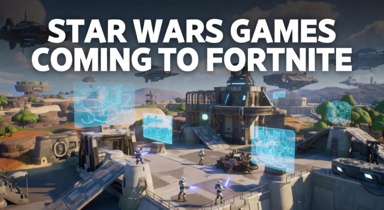 Star Wars inspired Fortnite style game map with holograms, sci-fi buildings and players in a header image about new Star Wars games coming to Fortnite