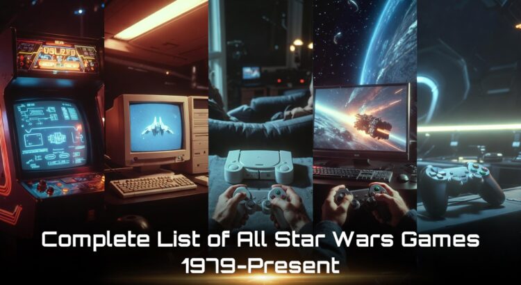 Complete timeline of Star Wars video games from 1979 to present, showing arcade, retro PC, console, and modern gaming setups