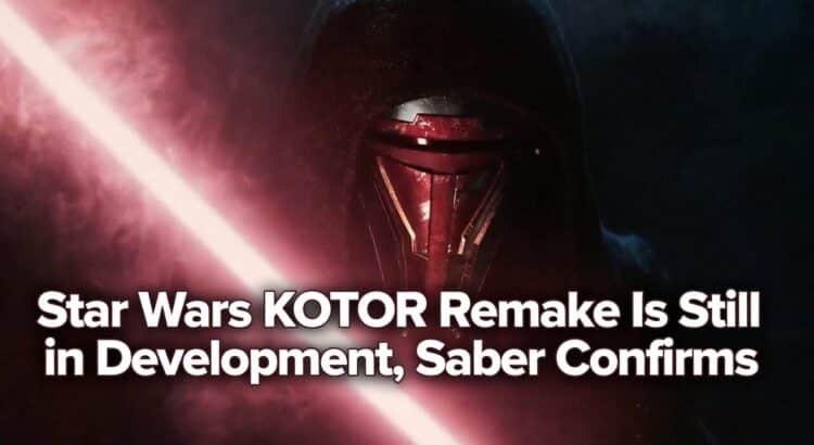 Star Wars KOTOR remake image with hooded Sith figure and headline confirming the remake is still in development