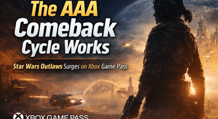 Star Wars Outlaws cinematic artwork showing Kay Vess silhouette during Xbox Game Pass resurgence in 2026