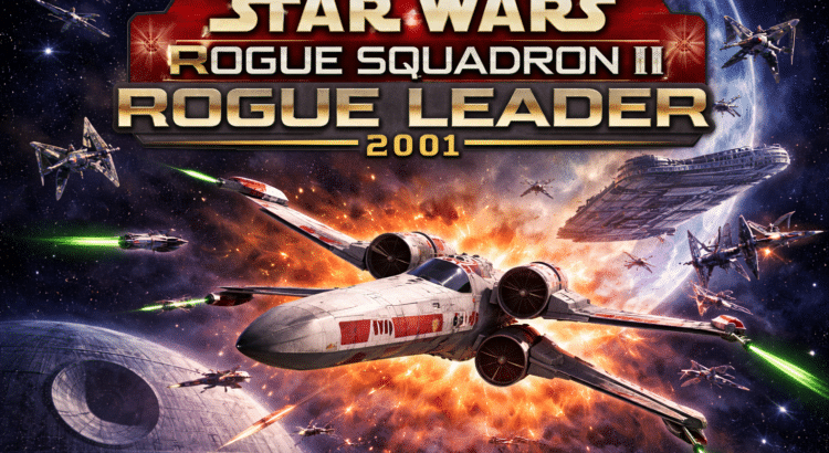 Star Wars Rogue Squadron II Rogue Leader 2001 header image with X-wing in space battle and TIE fighters near the Death Star