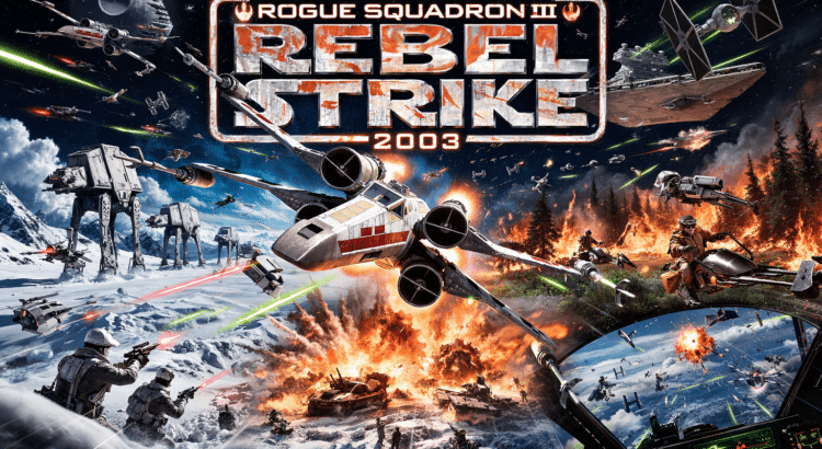 Star Wars Rogue Squadron III Rebel Strike 2003 header image showing X-wing dogfight, TIE fighters, AT-AT walkers and ground battle scene