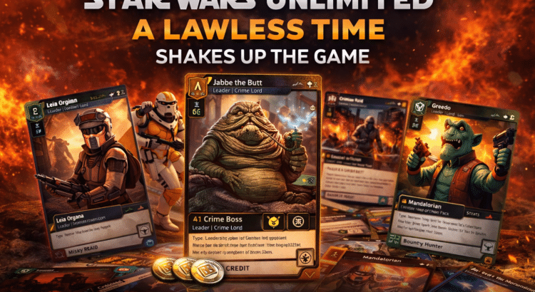 Header image for Star Wars Unlimited A Lawless Time featuring trading cards, fiery background, and headline text about the new set