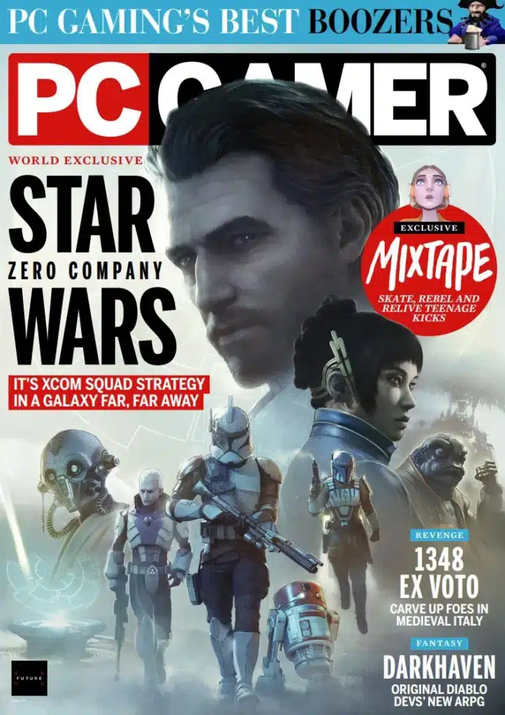 PC Gamer magazine cover featuring Star Wars Zero Company characters and world exclusive hands-on coverage
