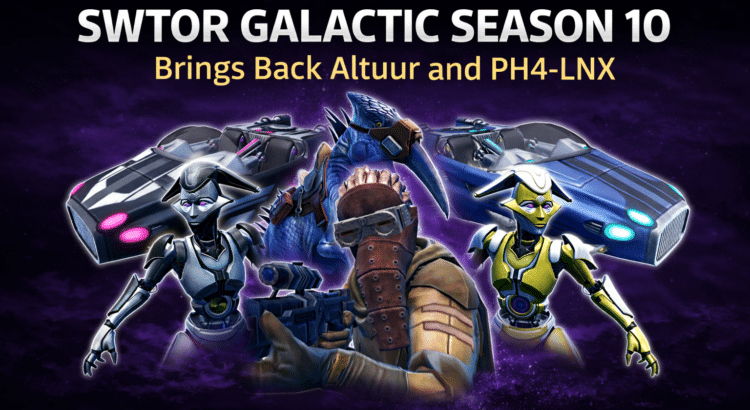 SWTOR Galactic Season 10 header image featuring Altuur zok Adon, PH4-LNX-themed rewards, droids, and speeders