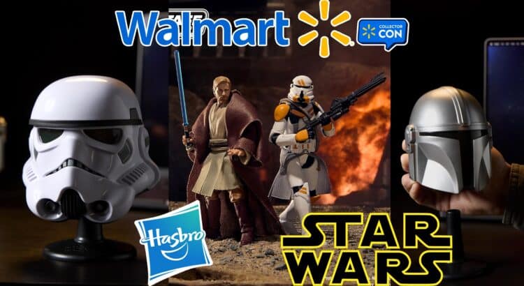 Header image showing Walmart Collector Con Star Wars collectibles including Obi-Wan, an Airborne Clone Trooper, a Stormtrooper mini helmet, and a Mandalorian mini helmet
