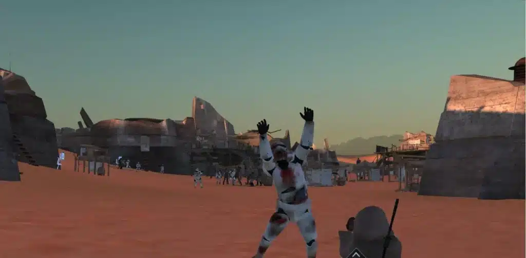 Stormtrooper shot in desert village battle scene