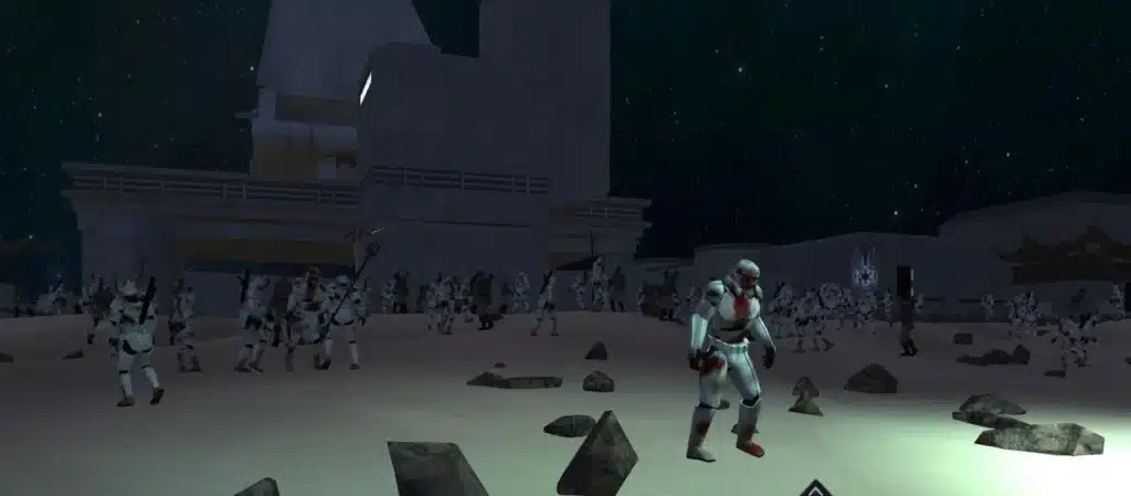Stormtroopers gathered at desert base at night
