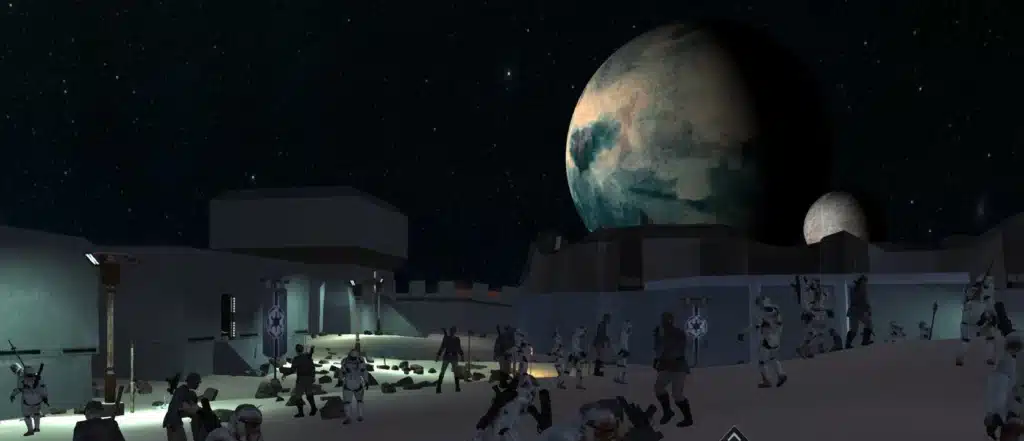 Stormtroopers patrol desert base under giant planets