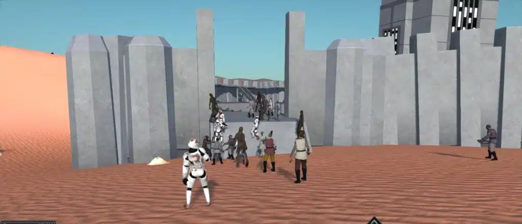 Sci-fi soldiers battle zombies at desert fortress